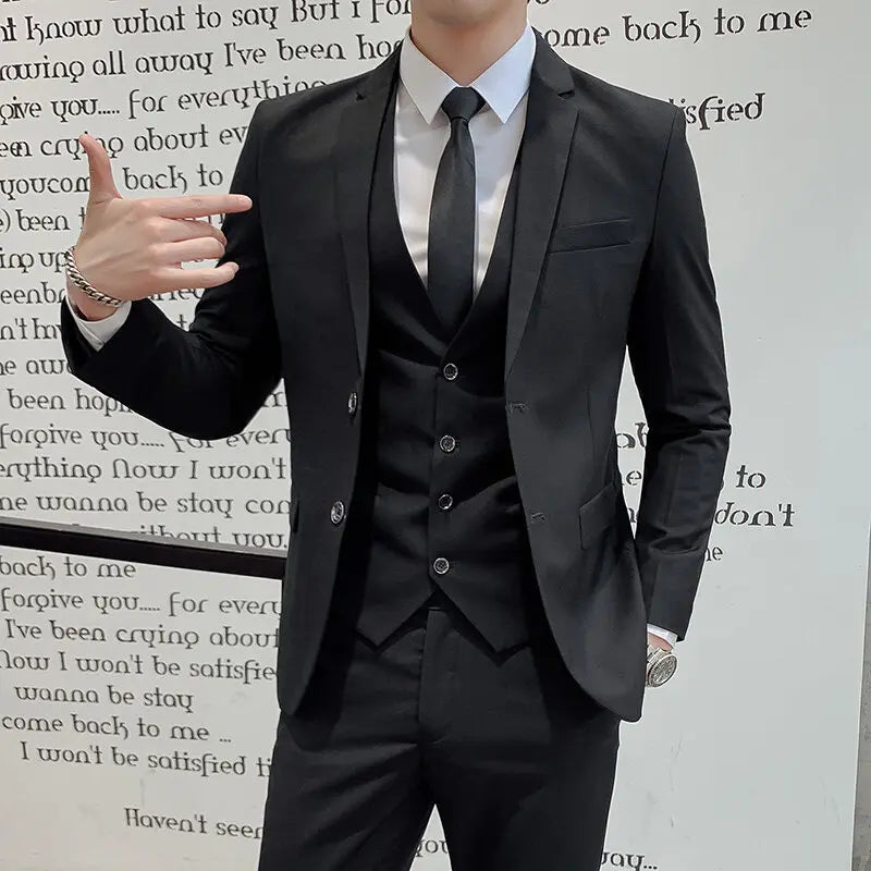 Suit (Blazer+Vest +Trousers) Men's Fashionable Gentleman Business Banquet Korean-style Formal Dress Casual Wedding 3-piece Set