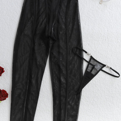 Fashionable slimming vertical stripe 2025 black silk see through sheer slim fit and sexy hanging neck jumpsuit