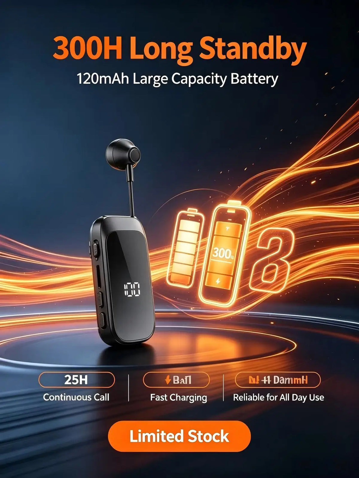 K30 Clip-on Bluetooth Headset with Digital Power Display, Retractable Earbud, 25H Talk Time & 300H Standby, Handsfree Wireless E