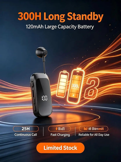 K30 Clip-on Bluetooth Headset with Digital Power Display, Retractable Earbud, 25H Talk Time & 300H Standby, Handsfree Wireless E