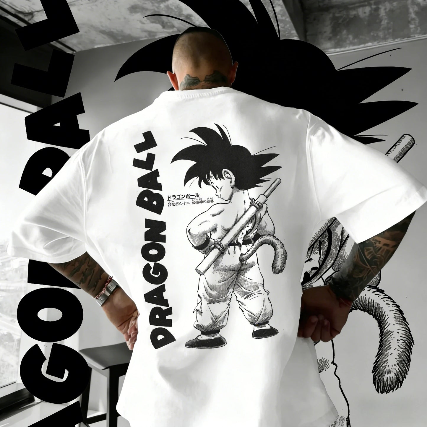 2026 Summer Dragon Ball Oversized T-shirt High Quality 100% Cotton Kid Goku with Power Pole Line Art Print UnisexCasual Y2K