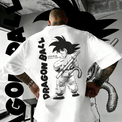 2026 Summer Dragon Ball Oversized T-shirt High Quality 100% Cotton Kid Goku with Power Pole Line Art Print UnisexCasual Y2K