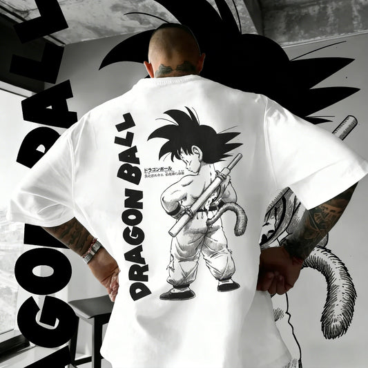 2026 Summer Dragon Ball Oversized T-shirt High Quality 100% Cotton Kid Goku with Power Pole Line Art Print UnisexCasual Y2K