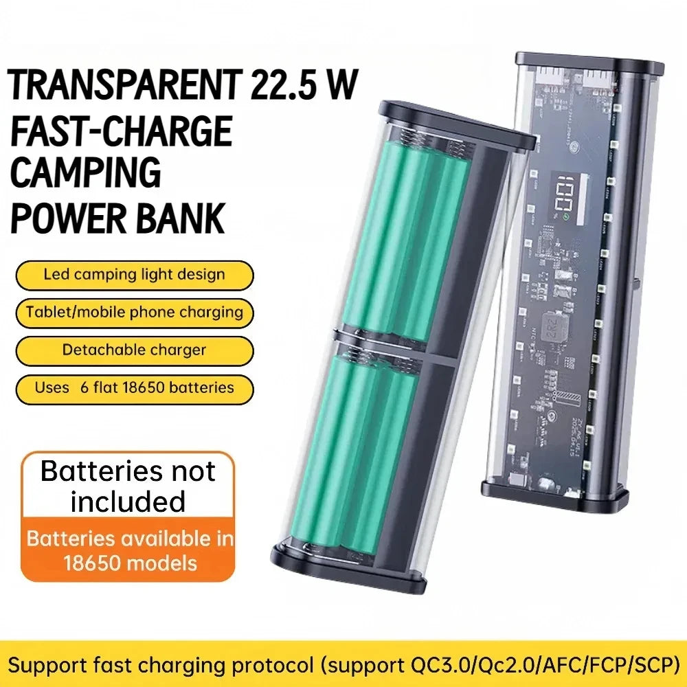 6*18650 Transparent Shell Power Bank Case 22.5W Fast Charging Detachable Powerbank Case LED USB Type C Port Battery Storage Box
