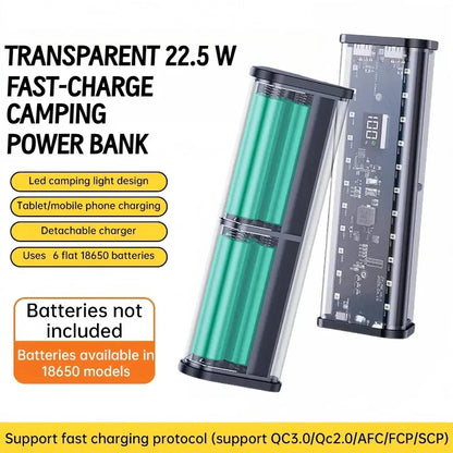 6*18650 Transparent Shell Power Bank Case 22.5W Fast Charging Detachable Powerbank Case LED USB Type C Port Battery Storage Box