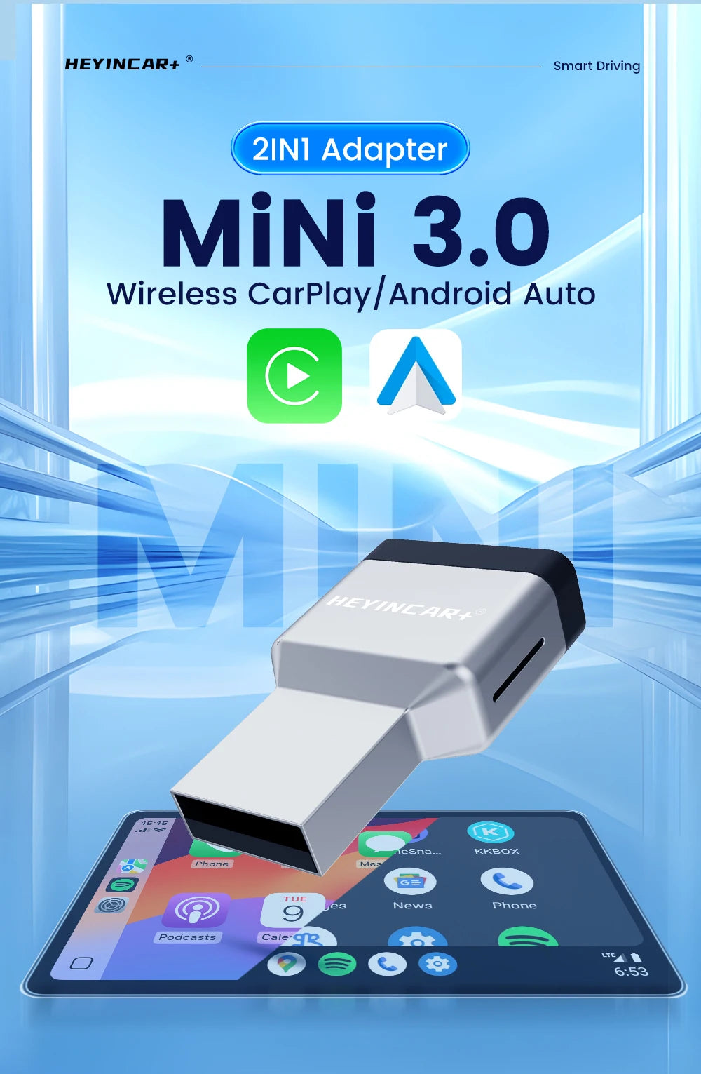 HEYINCAR New 3.0 Mini Wireless Carplay Android Auto Adapter Plug And Play Ai Box For VW Toyota Nissan Honda Benz Ford-More