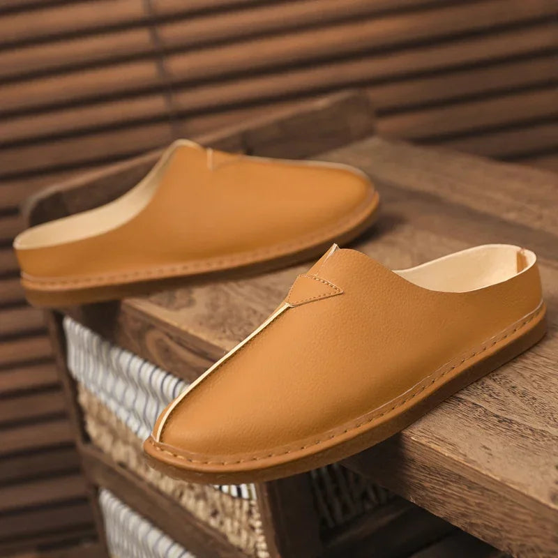 Fashion Leather Men Casual Shoes Slip on Man Loafers Breathable Soft Half Slippers Summer Flats Lightweight Lazy Driving Shoes