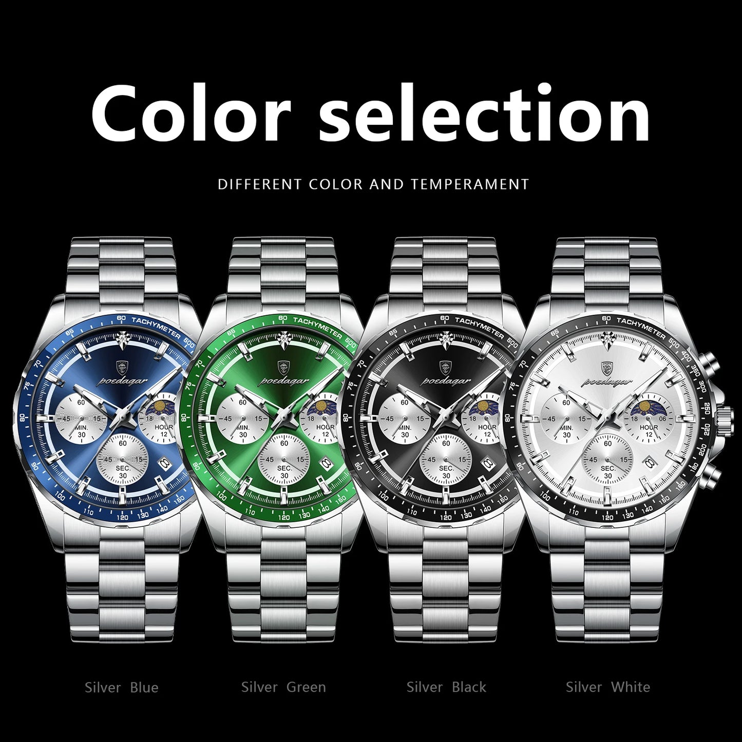 POEDAGAR Top Original Man Wristwatch Waterproof Stainless Steel Luminous Men Clock Chronograph Date Quartz Sports Men's Watches