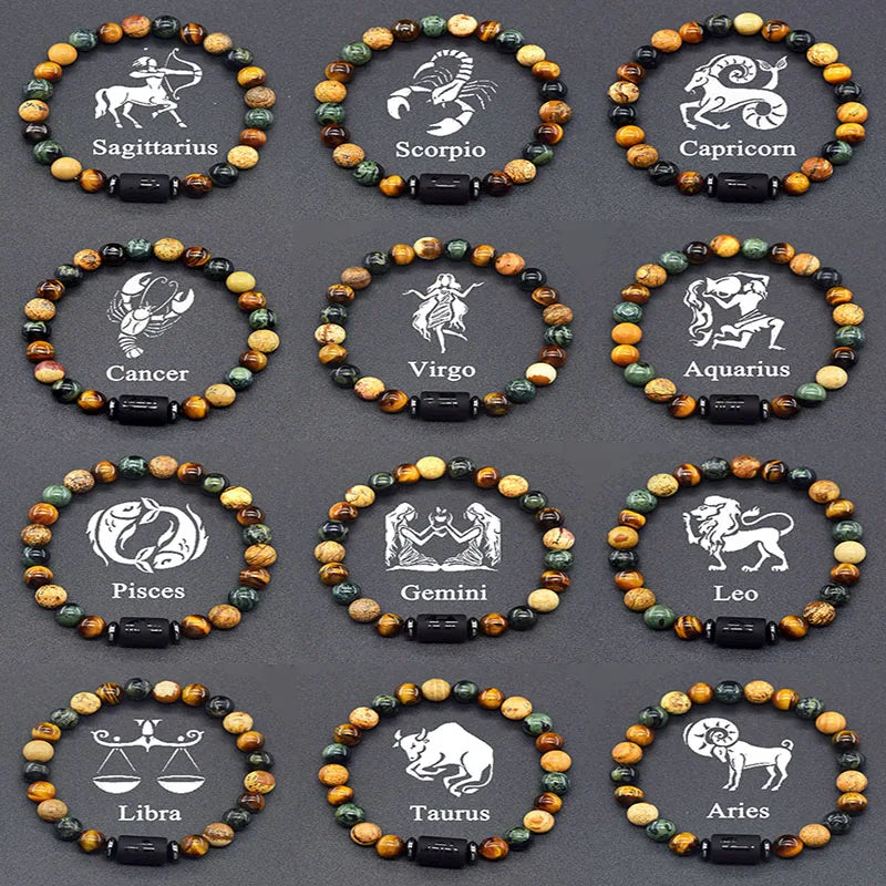 12 Zodiac Constellation Signs Bracelets for Men Women Real Natural Tiger Eye Stone Bead Bracelet Leo Taurus Charm Couple Jewelry