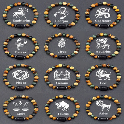 12 Zodiac Constellation Signs Bracelets for Men Women Real Natural Tiger Eye Stone Bead Bracelet Leo Taurus Charm Couple Jewelry