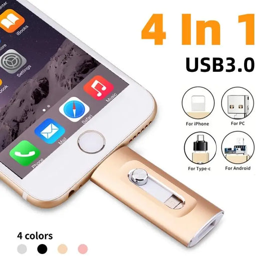 Pendrive USB 3.0 4-w-1 do iPhone'a, Type-C, Androida i PC, szybka pamięć zewnętrzna 64 GB-1 TB, pamięć flash