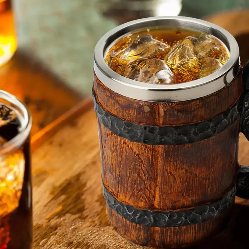 Viking Wood Style Beer Mug, Simulated Wooden Barrel Double Wall Metal Insulated Cup, 1Pc Bar Drinking Mug