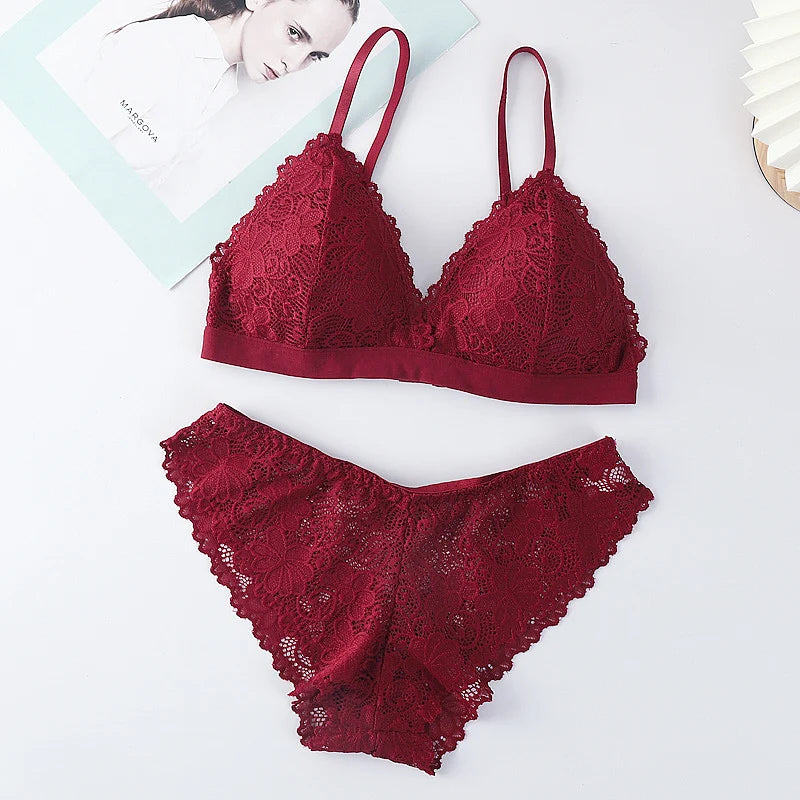Women Lace Bra And Panties Set V-neck Push Up Bralette Sexy Lingerie Low Waist Briefs Female Non-wire Brassiere Underwear Set