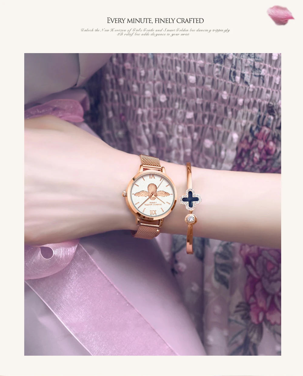 Hannah Martin 2023 New Women Luxury Watch Rose Gold 31mm Classic Casual Girl Dress Watch Bracelet Set 3D Engraved Bee Dial Clock