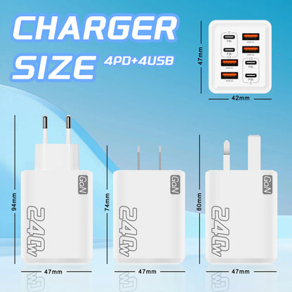 Ładowarka GaN USB C 240 W 8 w 1 Szybkie ładowanie Ładowarka do telefonu Zasilacz do iPhone'a Samsung Xiaomi Typ C Ładowarka ścienna z wtyczką EU/US