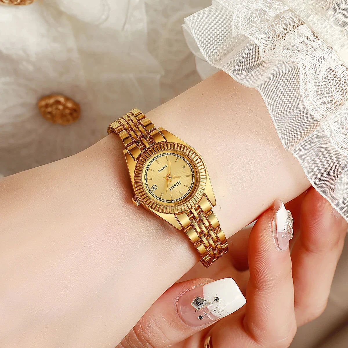 Fashionable Simple Light Luxury Round Dial Steel Band No Number Women's Quartz Watch Jewelry Set of 5, Suitable for Holiday Gift