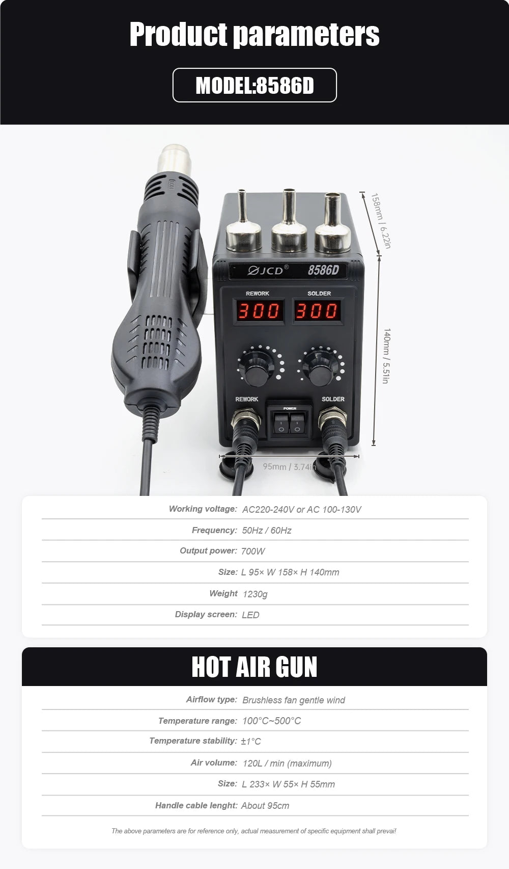 JCD 750W 8586D Soldering Station 2 IN 1 Hot Air Gun LCD Dual Digital Display Electric Soldering Iron SMD Welding Rework Station