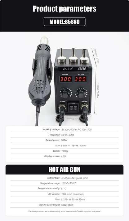 JCD 750W 8586D Soldering Station 2 IN 1 Hot Air Gun LCD Dual Digital Display Electric Soldering Iron SMD Welding Rework Station
