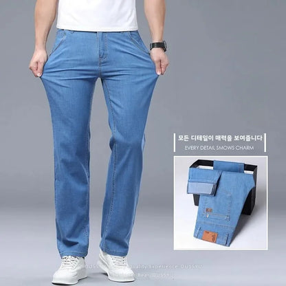Summer Thin Men's Elastic Cotton Jeans Fashion Business Straight Casual Denim Pants Male Work Clothes Slim Trousers Plus Size 40