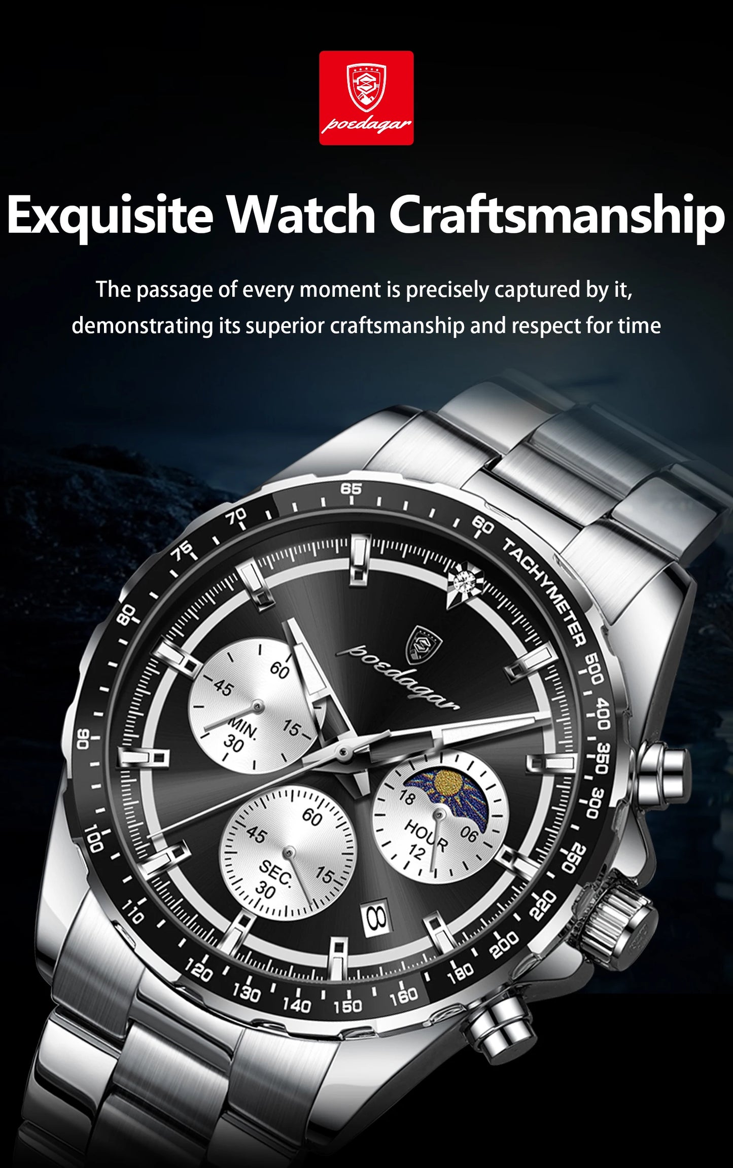 POEDAGAR Top Original Man Wristwatch Waterproof Stainless Steel Luminous Men Clock Chronograph Date Quartz Sports Men's Watches