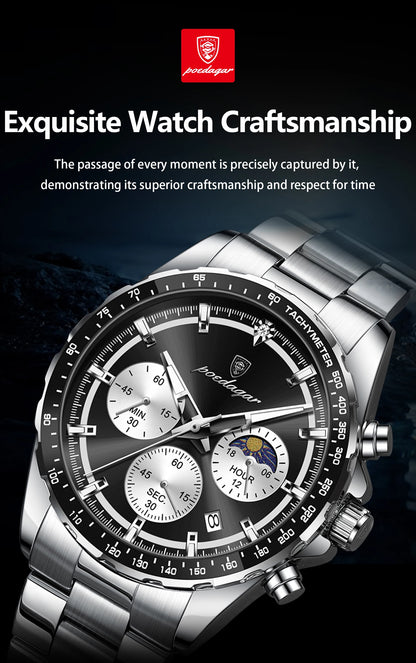 POEDAGAR Top Original Man Wristwatch Waterproof Stainless Steel Luminous Men Clock Chronograph Date Quartz Sports Men's Watches