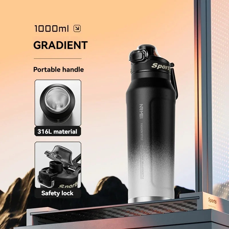1L Stainless Steel Thermos Bottle, Iced & Heat Insulated Cup, Hiking Cycling Fitness Vacuum Flask with Handle