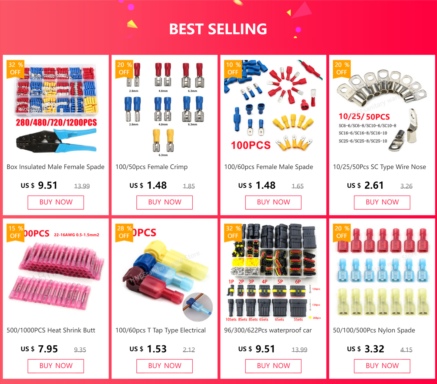 50/200/500pcs Heat Shrink Butt Cable Wire Crimp Connector 0.5-1.5mm2 Electrical Terminals Quick Connector BHT1.25 Red 22-18 AWG