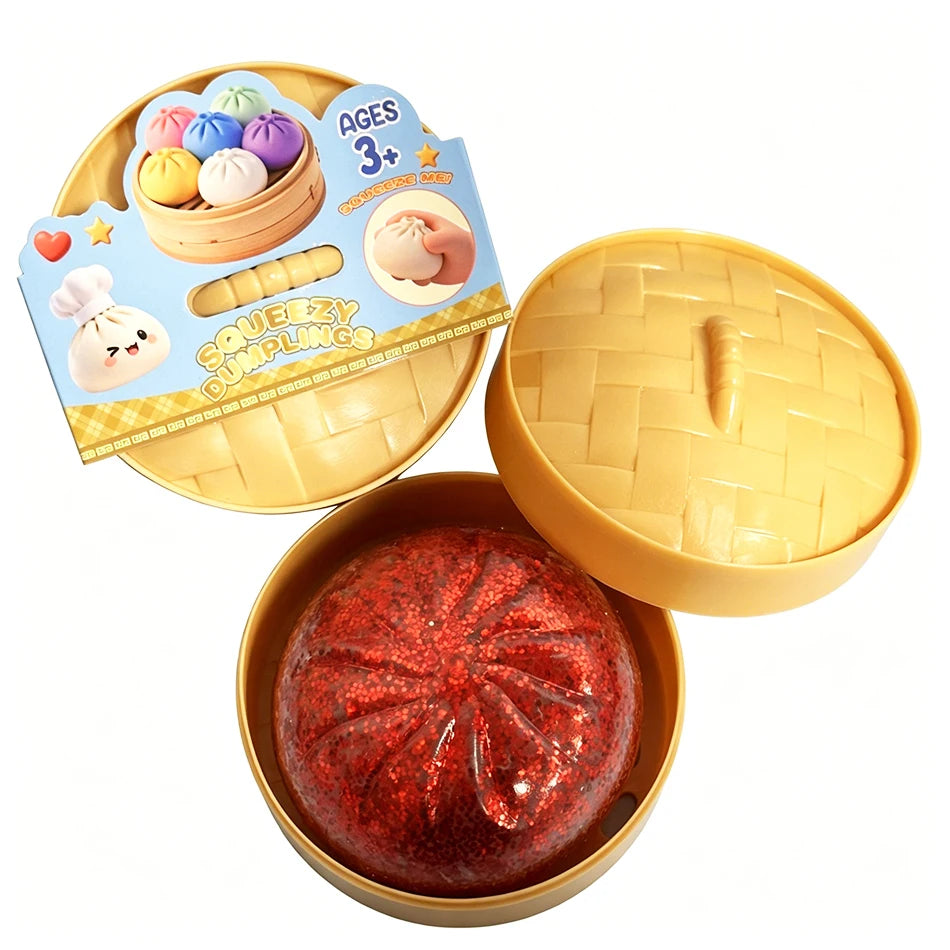 Colorful Dumpling Squishes Stress Balls Fidget Sensory Toys Simulation Food Squishies Bun with Steamer Squeeze Dough Ball Gifts