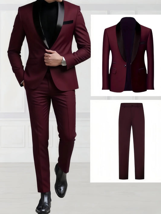 2-Piece Men's Shawl Collar Suit Set, Elegant Groom Wedding Outfit, Suitable for Wedding, Prom & Banquet
