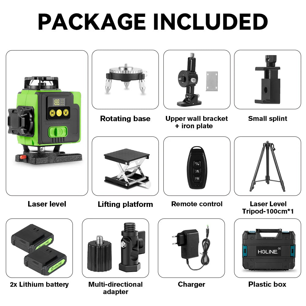 HGLINE 16 Lines Laser Level APP Remote Control Horizontal Vertical Levels Machine Power Display Laser Leveling With 100cm Tripod