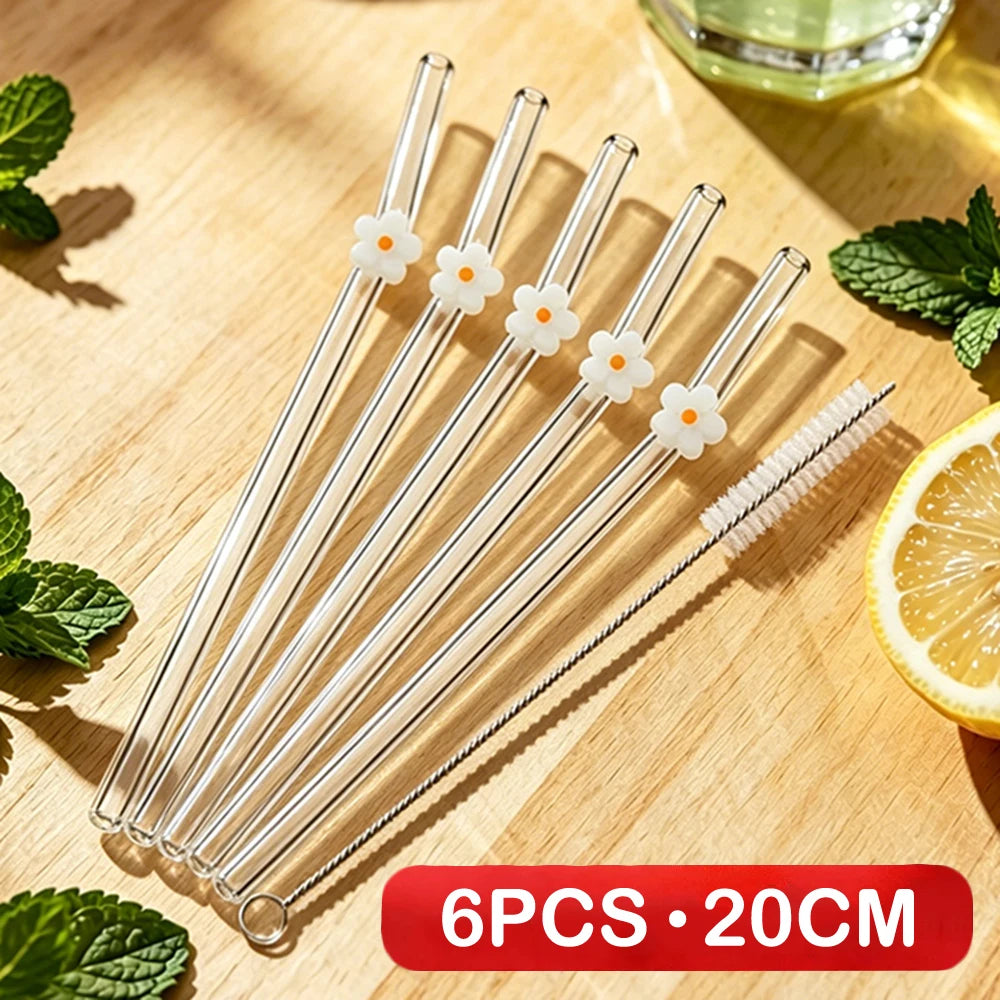 6PCS Reusable Drinking Straws Cute Flower Glass Straws with Cleaning Brush for Coffee Lover Smoothies Frozen Drinks Tea Juice