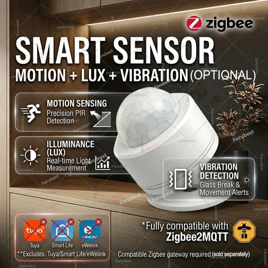 Zigbee 3.0 Smart PIR Motion Sensor Human Body Movement Detector with Illuminance&Vibration Sensor For Home Assistant Zigbee2MQTT