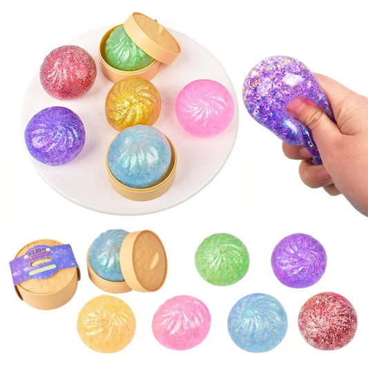 Mini Squishy Dumpling Realistic Bun Sensory Fidget Toys Colored Glitter Steamer Bun Decompression Ball Small Squeezable Toys