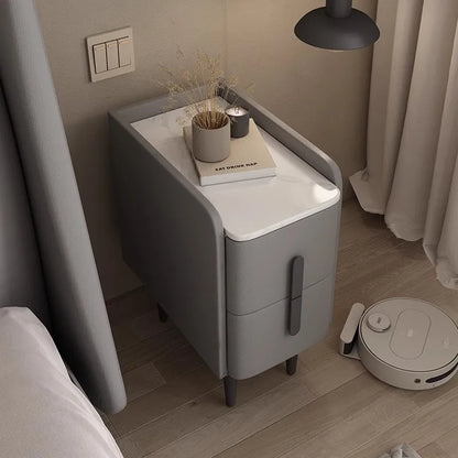 Moder Style Wooden Bedside Table Mini Narrow Leather Bedroom Nightstand Side Storage Cabinet with 2 Drawers Hotel End Table