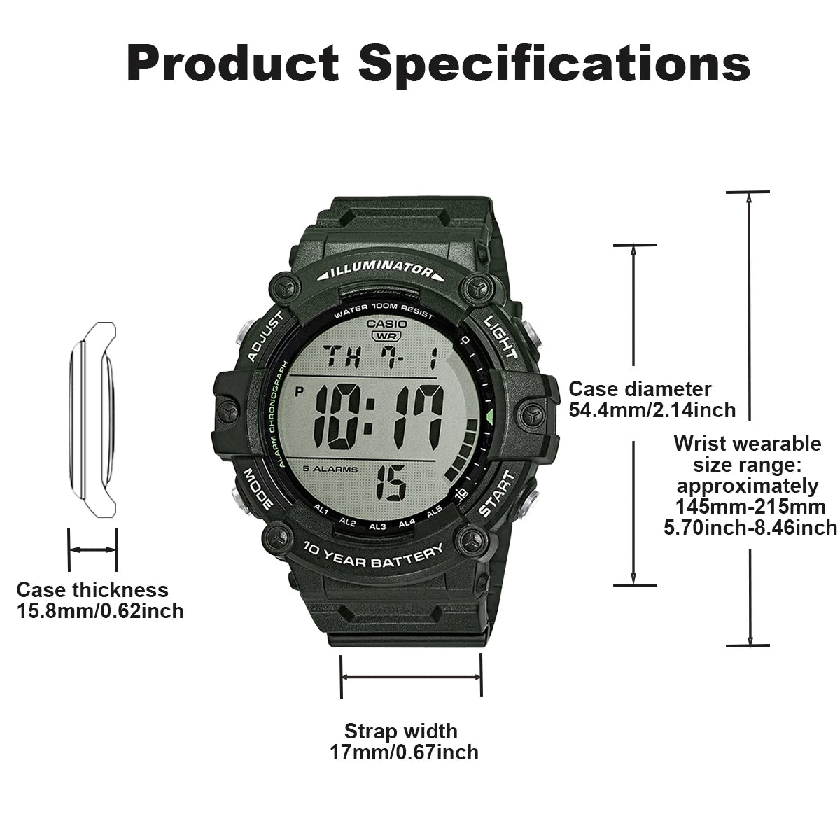 Casio AE1500WHX Series | 10-Year Battery | LED Backlight | 5-Alarms | 1/100 Sec Stopwatch | Men's Digital Watch