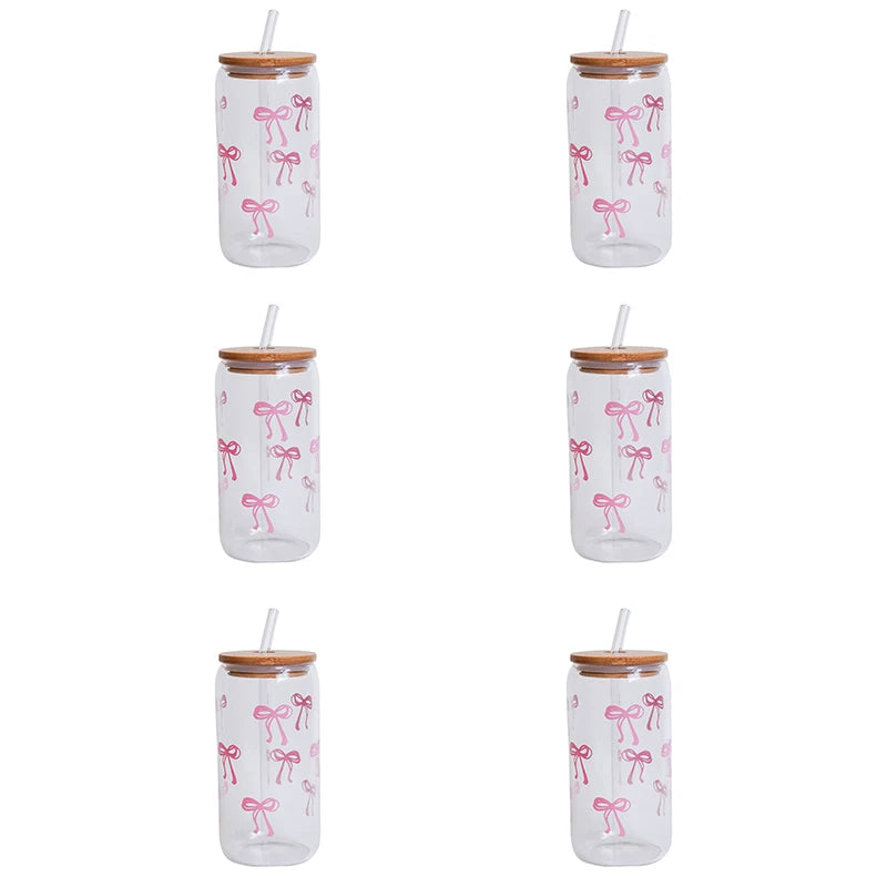 1/2/4/6Pcs Glass Cups with Bowknot Print, with Lid and Straw, Exquisite and High-End Bowknot Glass Cups, Suitable for Home Decoration, Daily Household Drinking Cups, Outdoor Picnic Cups, Party Cups, Breakfast Milk Cups, Gift-