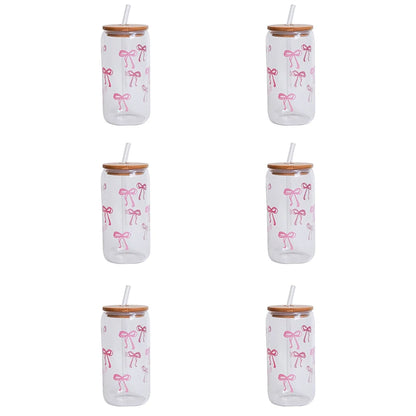 1/2/4/6Pcs Glass Cups with Bowknot Print, with Lid and Straw, Exquisite and High-End Bowknot Glass Cups, Suitable for Home Decoration, Daily Household Drinking Cups, Outdoor Picnic Cups, Party Cups, Breakfast Milk Cups, Gift-