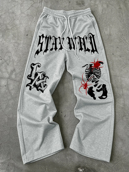 Men Wide Leg LA Skeleton Spider Sweatpants 100% Polyester Stay Wild Gothic Print Baggy Y2K Drawstring Casual Jogger Pants