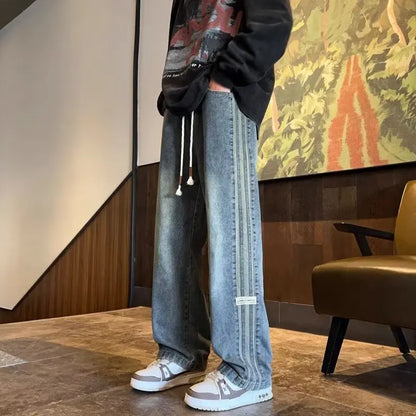 Three bar American retro jeans men's spring and autumn new style high street elastic waist loose casual men's straight leg long