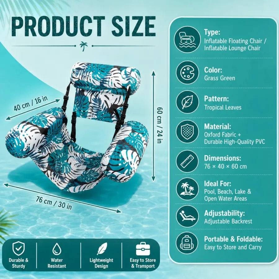 Adult Foldable Water Hammock Chair – Inflatable Pool Lounge with Armrests, Portable Float for Sunbathing & Fun