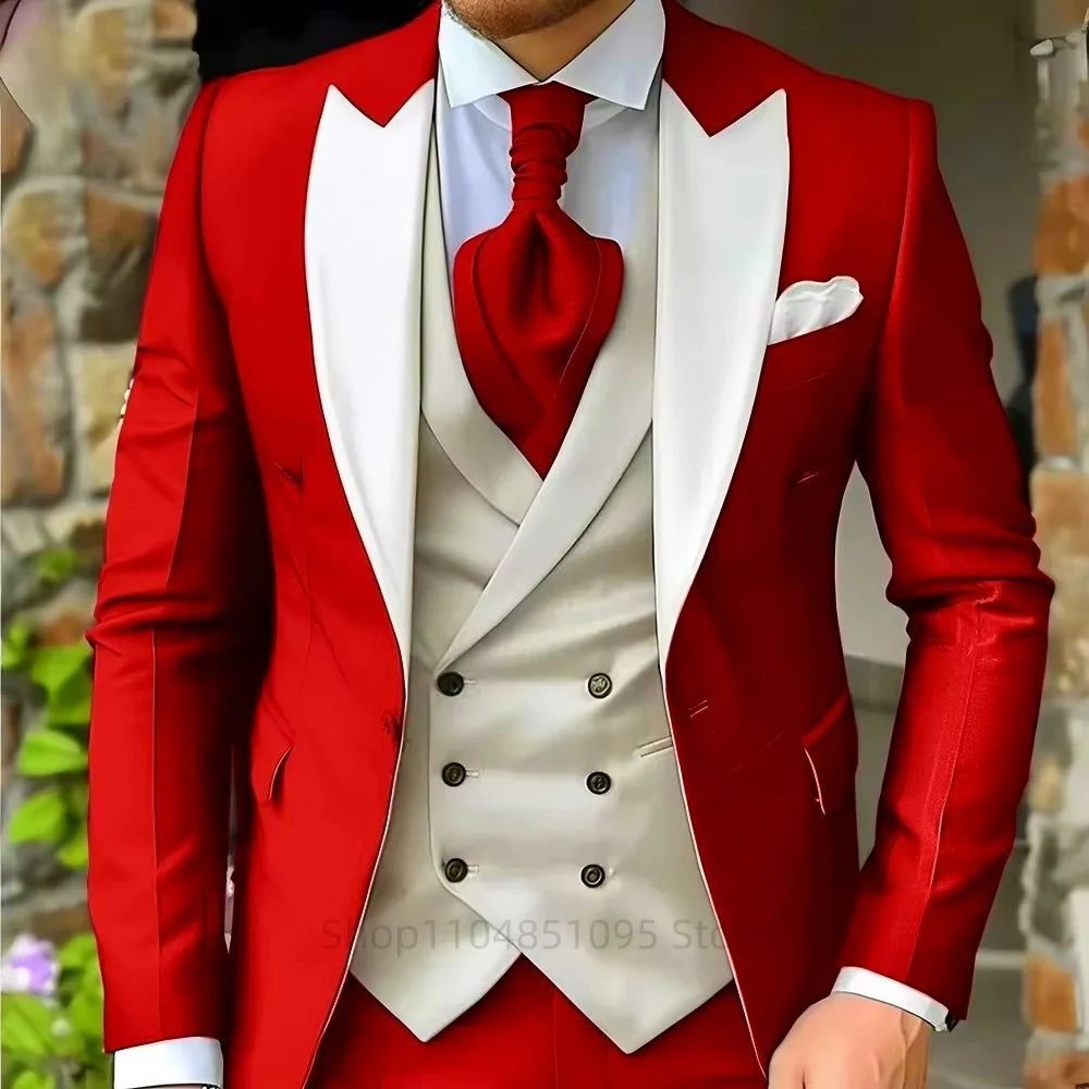 Pink Men's Elegant Peak Lapel Tuxedo 3-Piece Suit with Blazer Vest And Pants Set for Formal Business Prom Grooming