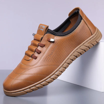 Men's Breathable Hollow Loafers Slip-On Leather Shoes Comfortable Casual Anti-Slip Deodorant Soft Bottom Sandals-HT193