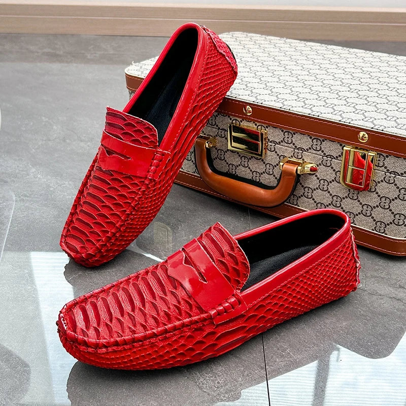 Men White Snake Pattern Loafers Penny Slip On Driving Shoes Casual Business Moccasins Breathable Male Footwear