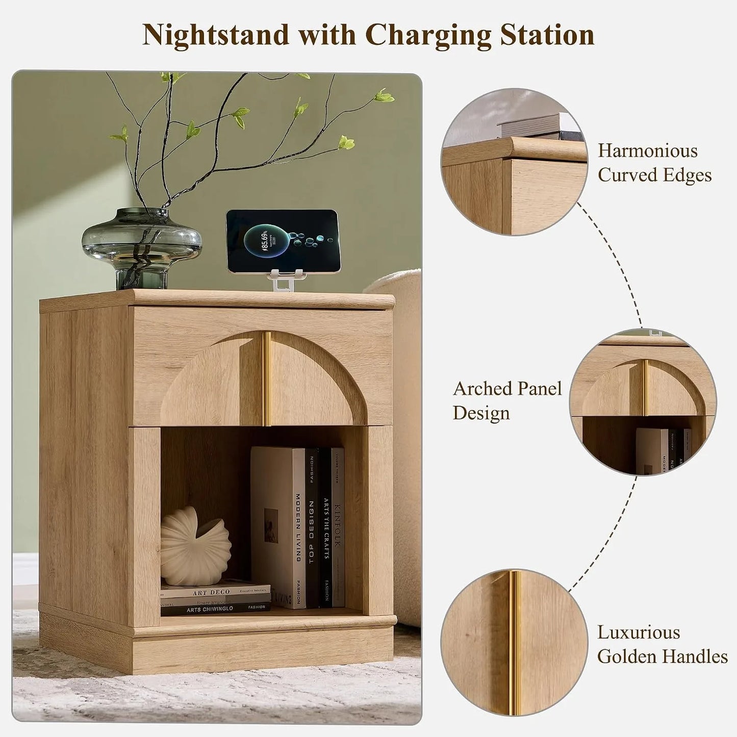18Inch Modern Natural Oak Nightstand With Arched Panel Charging Station & Drawer Bedroom Bedside Side End Table, Customized