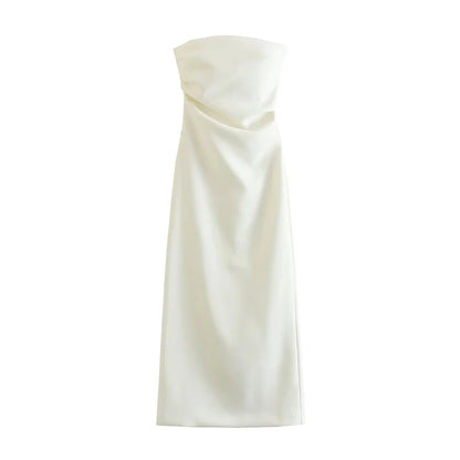 Women Fashion Strapless Gathered Midi Dress Sexy Straight Neck Back Slit Female Dresses Vestidos Mujer