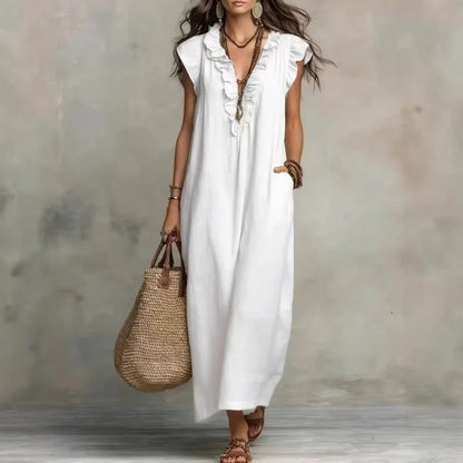 2026 Summer Women Boho Cotton Linen Maxi Dress Solid Color Ruffle V Neck Sleeveless Loose Long Dresses With Pockets Casual Beach