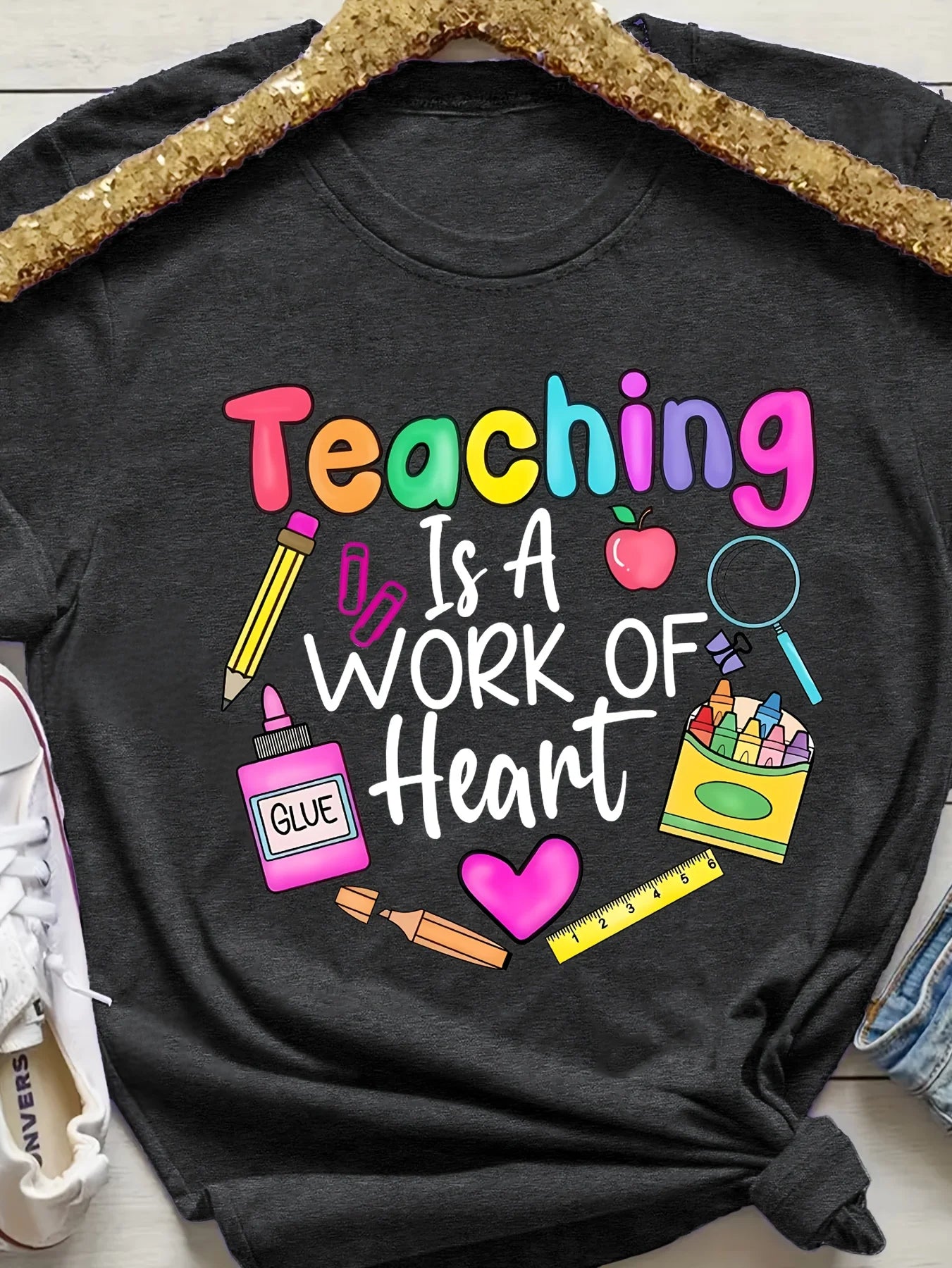 Teaching Is A Work Of Heart Women's Tee - Colorful Teacher Graphic, Casual Purple Top