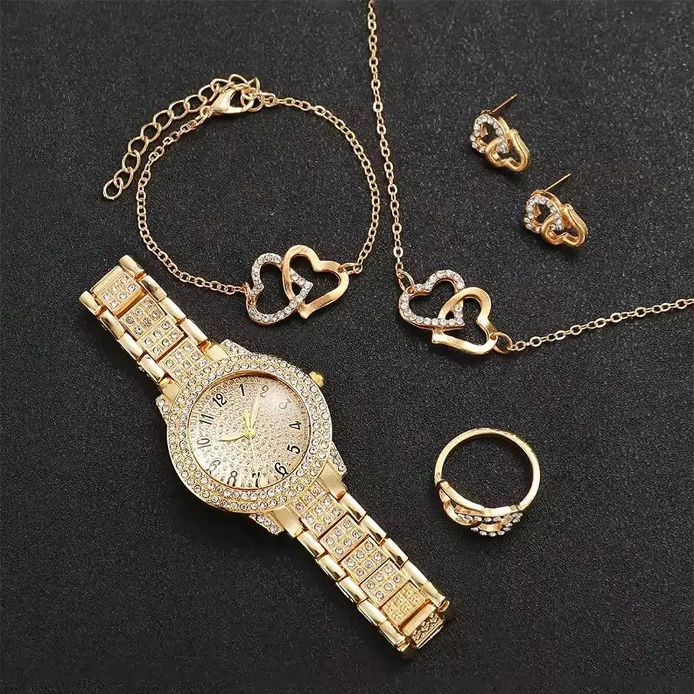 Full Diamond Roman Literal Steel Strip Women's Watch Starry Charm Business Quartz Watch Women's Watch Jewelry Set