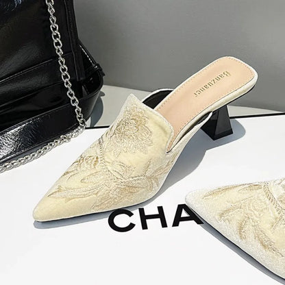 Elegant Embroidered Velvet Mule Heels Pointed Toe Cone Heel Slip-on Footwear for Occasions