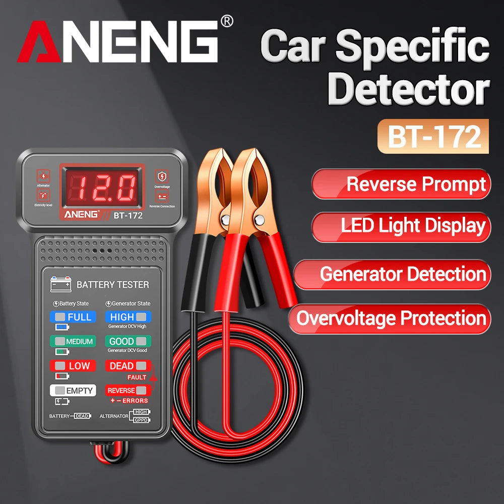 Car Battery Load Tester ANENG BT-172 Voltage Meter Gauge Digital Display Car Battery Monitor Amp Meter with Alligator Clips Tool